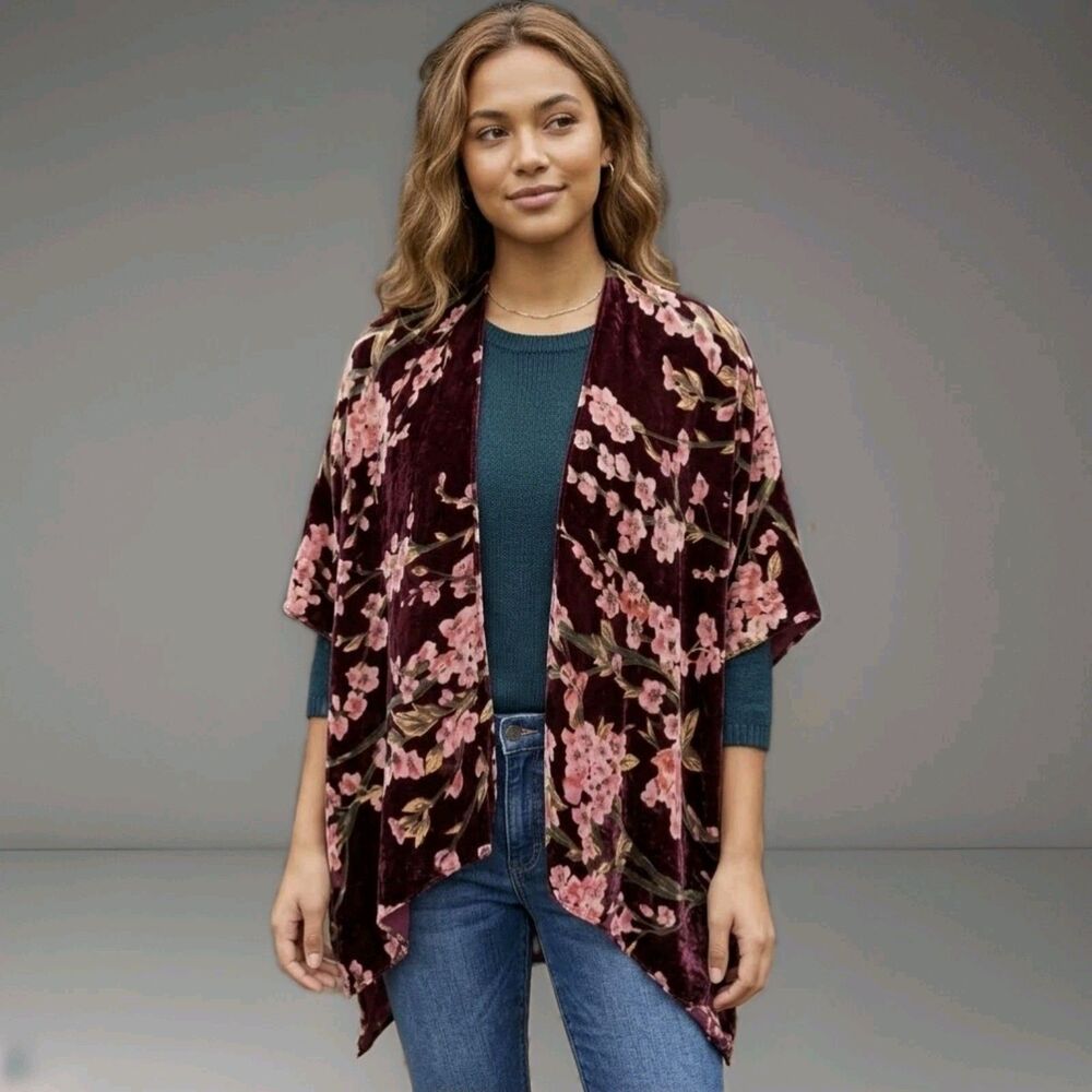 Francesca's Kimono Top One Size Multicolor Velvet Burnout Floral Boho Shrug